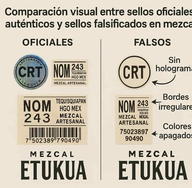  Imagen comparativa que muestra sellos oficiales genuinos frente a sellos falsos con diferencias des