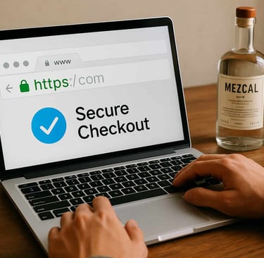 Persona comprando mezcal auténtico en laptop con indicadores de seguridad
