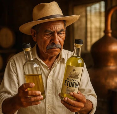 Representación visual de una comunidad digital analizando etiquetas de mezcal en pantallas de ordena