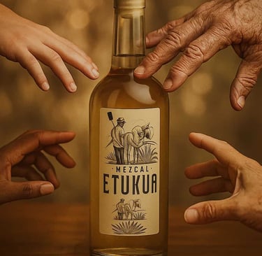 Grupo de manos alrededor de una botella de mezcal Etukua, simbolizando comunidad y pertenencia.
