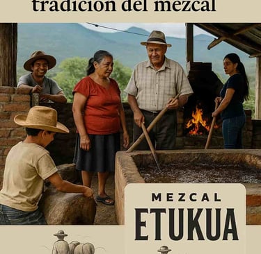Familia mezcalera trabajando juntos en palenque tradicional