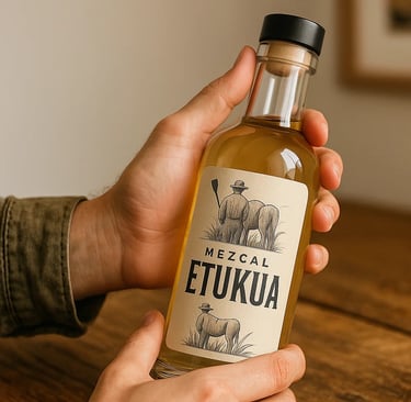 Botella de mezcal etukua sostenida por una mano 