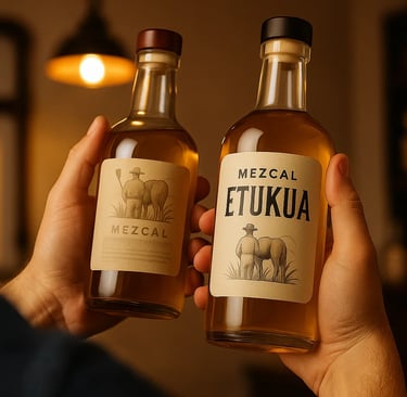 Hombre sosteniendo una botella de mezcal artesanal Etukua y comparando su etiqueta con otra de dudos