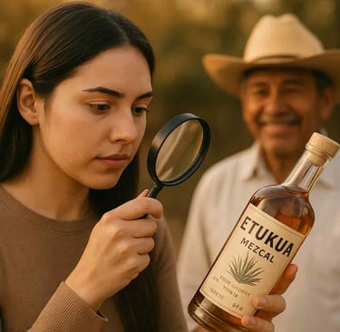 Consumidor leyendo la etiqueta de una botella de mezcal Etukua con una lupa, con un maestro mezcaler