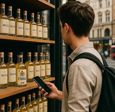  Persona sosteniendo un teléfono móvil frente a un estante con diferentes botellas de mezcal en un s