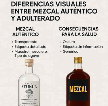 Comparación entre mezcal auténtico transparente y mezcal adulterado oscuro