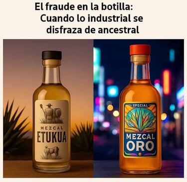 Diferencias visuales entre mezcal artesanal Etukua y mezcal industrializado, comparando autenticidad