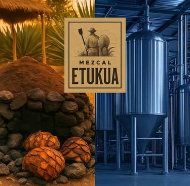 Collage que contrasta un horno de tierra tradicional con una destilería industrial de acero inoxidab