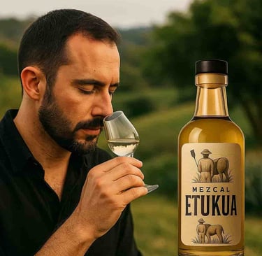 Persona oliendo una copa de mezcal en un entorno natural