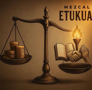 Balanza desequilibrada mostrando que el valor intangible supera al valor económico en el mezcal auté