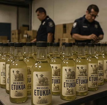  Botellas de mezcal falsificado decomisadas en Jalisco alineadas como evidencia