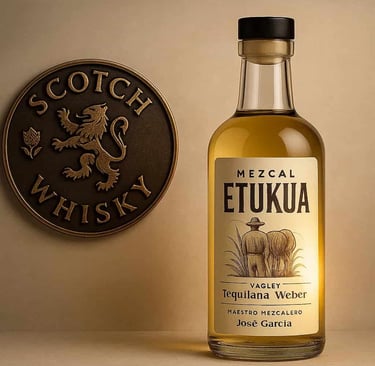  Sello de denominación de origen del whisky junto a la etiqueta transparente de una botella de mezca