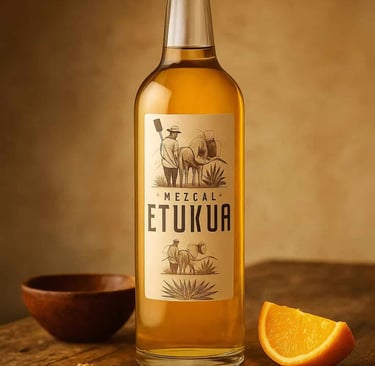 Botella de mezcal artesanal Etukua con una etiqueta de 'Oferta Exclusiva' sobre una mesa de madera r