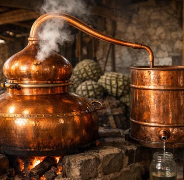  Alambique de cobre brillante en funcionamiento, con vapor saliendo suavemente durante la destilació