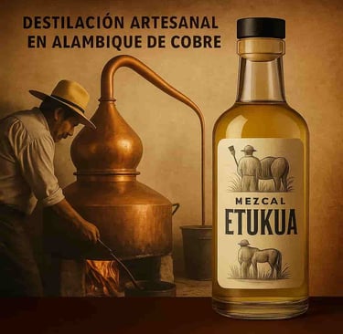 Maestro mezcalero destilando en alambique tradicional de cobre