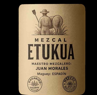 Primer plano de la etiqueta de una botella de Etukua, mostrando claramente la información del maestr