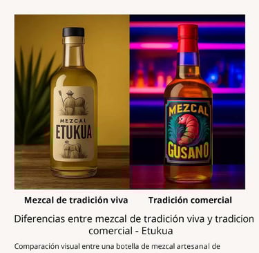 Comparación visual entre una botella de mezcal artesanal de tradición viva y una botella de mezcal c