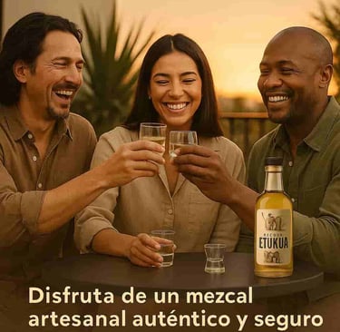 Grupo de amigos sonriendo y brindando con copas de mezcal Etukua en un ambiente acogedor.