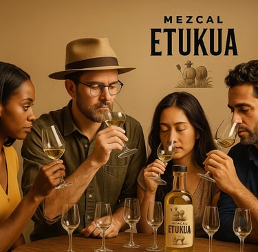 Grupo de personas en una catación guiada por un experto de Etukua, aprendiendo a apreciar el color y