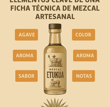 Infografía con los elementos esenciales que debe tener una ficha técnica de mezcal artesanal