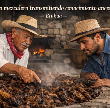 Maestro mezcalero mayor enseñando a su hijo a revisar el agave cocido en un palenque tradicional