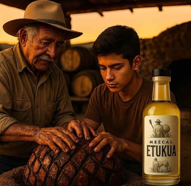 Maestro mezcalero enseñando a joven aprendiz el proceso de cocción del maguey en horno de tierra
