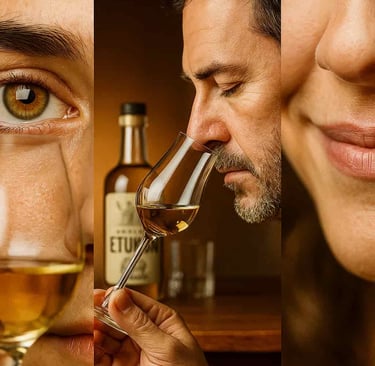 Collage fotográfico mostrando un ojo observando una copa, una nariz oliendo el mezcal y una boca sab