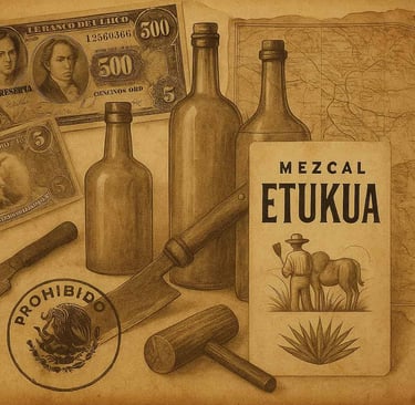 Collage vintage con elementos que representan la época del mercado negro del mezcal