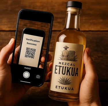 Persona escaneando código QR de botella de mezcal Etukua con smartphone mostrando información de ver