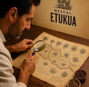 Un sommelier estudiando un mapa detallado de Oaxaca con diferentes iconos de magueyes marcando regio
