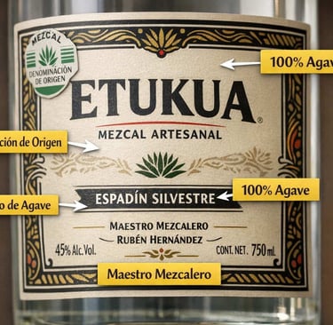  Primer plano de una etiqueta de mezcal artesanal Etukua, con flechas y llamadas que destacan los el