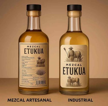 Comparación visual entre una etiqueta de mezcal artesanal detallada y una industrial genérica