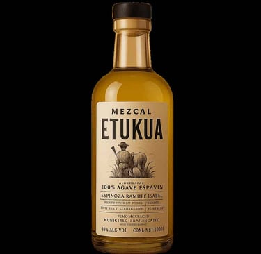 Botella de mezcal mostrando etiqueta con detalles de producción y origen