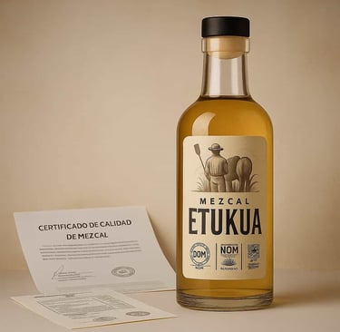  Botella de mezcal Etukua mostrando sus certificaciones y sellos oficiales de calidad