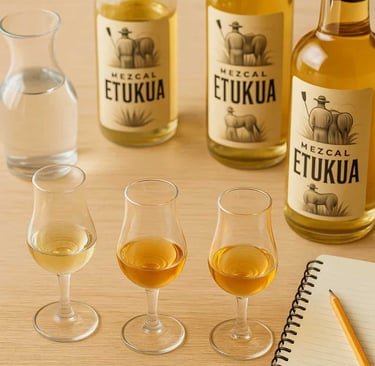 Vista aérea de tres copas tulipán con diferentes mezcales Etukua alineadas para una cata comparativa