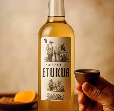 Mano sosteniendo una copa veladora de barro con mezcal Etukua, con otros accesorios de degustación a