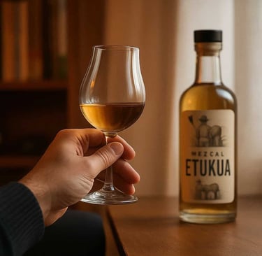 Persona relajada disfrutando de una copa de mezcal Etukua en un ambiente acogedor en casa.