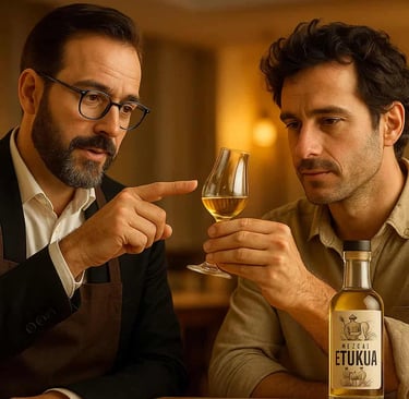 Sommelier de Etukua y un cliente analizando el color y aroma de un mezcal artesanal para evaluar su 
