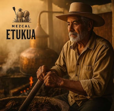 Maestro mezcalero de Etukua trabajando, mostrando el factor humano irreplicable en la autenticidad