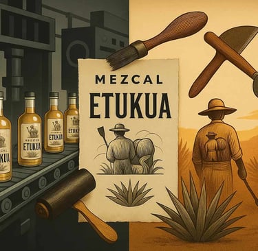 Escena histórica de métodos rudimentarios de falsificación de mezcal en mercado tradicional