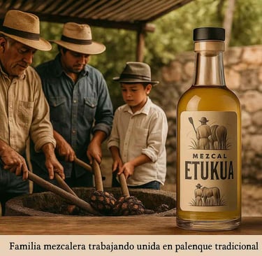  Tres generaciones de familia trabajando juntos en proceso de producción de mezcal artesanal