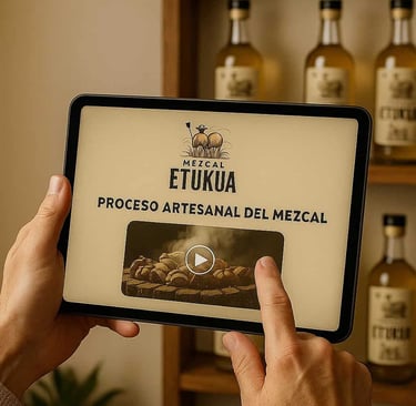 Manos sosteniendo una tableta digital que muestra información sobre el proceso de producción de mezc