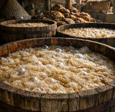 Tinas de madera con mosto de agave fermentándose de manera natural, burbujas visibles.