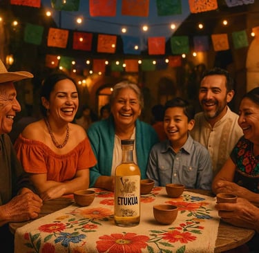 Grupo de personas en una festividad tradicional mexicana compartiendo mezcal artesanal en jícaras.