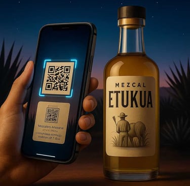 Código QR en botella de mezcal siendo escaneado para mostrar información transparente del productor