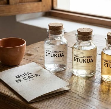 Tres frascos pequeños de vidrio con diferentes mezcales artesanales Etukua, acompañados de una copa 