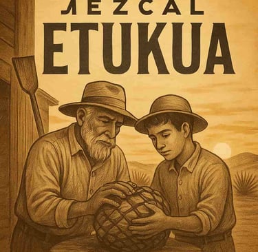 Una escena donde un maestro mezcalero mayor le está mostrando a un joven aprendiz el proceso de cort