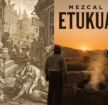  Grabado histórico de la Inglaterra del siglo XVIII mostrando destilerías clandestinas de gin, compa