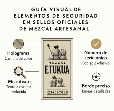 Infografía que muestra y explica los elementos de seguridad en sellos oficiales de mezcal