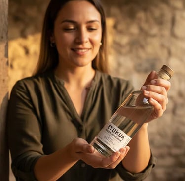 : Persona sosteniendo con cuidado una botella de mezcal artesanal 